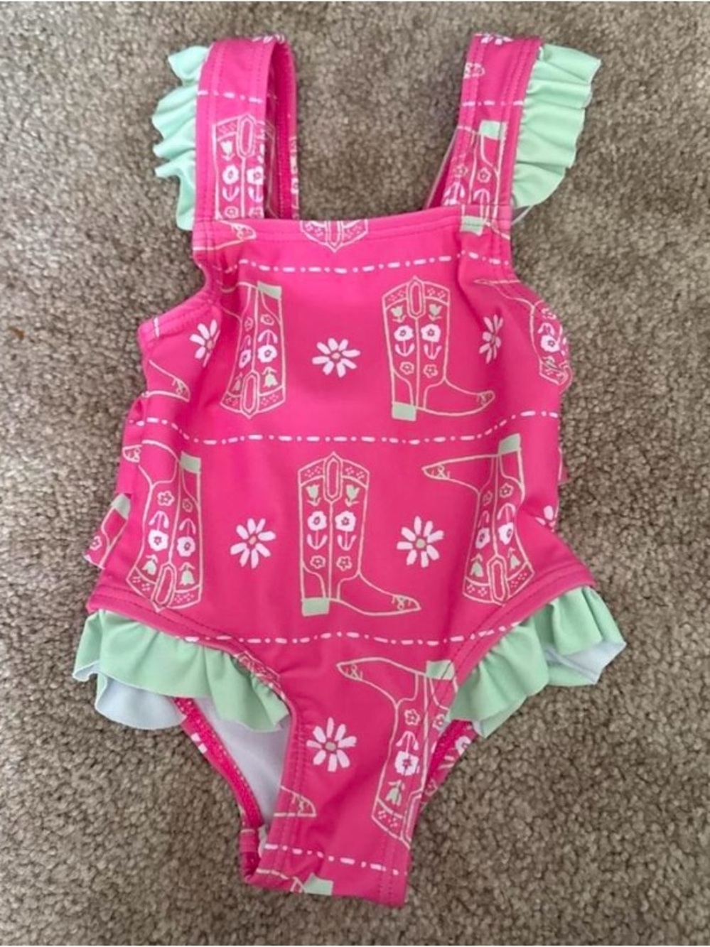 Girls Pink Ruffle One-Piece Swimsuit with Mint Accents